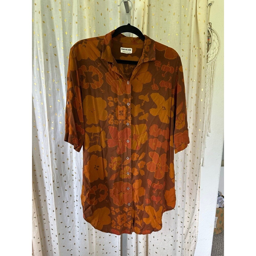 Paradise Now Hawaii Pua Power Hawaiian Rust Hibiscus Button Down Shirt Dress S